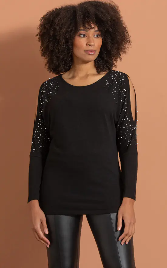 Hot Sale 😍 Klass Embellished Cold Shoulder Knit Top Black 💯 - Image 2