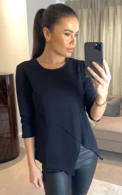 Wholesale 🌟 OL UK Asymmetric 3/4 Sleeve Tee In Black 🛒
