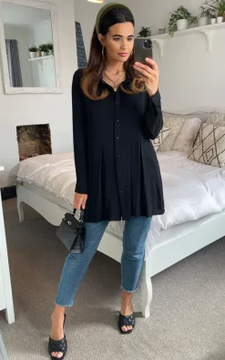 Wholesale 😉 HOXTON GAL Oversized Long Sleeves Pleated 👕 Shirt In Black 🎁