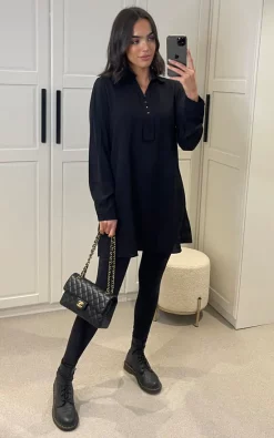Best Sale 🔥 HOXTON GAL Relaxed Fit Long Sleeves Button Detailed Tunic Top In Black 😀
