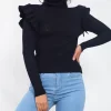 Best Sale 🤩 Boutique Store Black Ribbed Frill Shoulder Turtle Neck Top 🛒