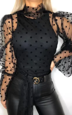 Best Sale 🤩 Rag & Doll Lana Black Polka Dot Sheer Top With Long Sleeves ⌛