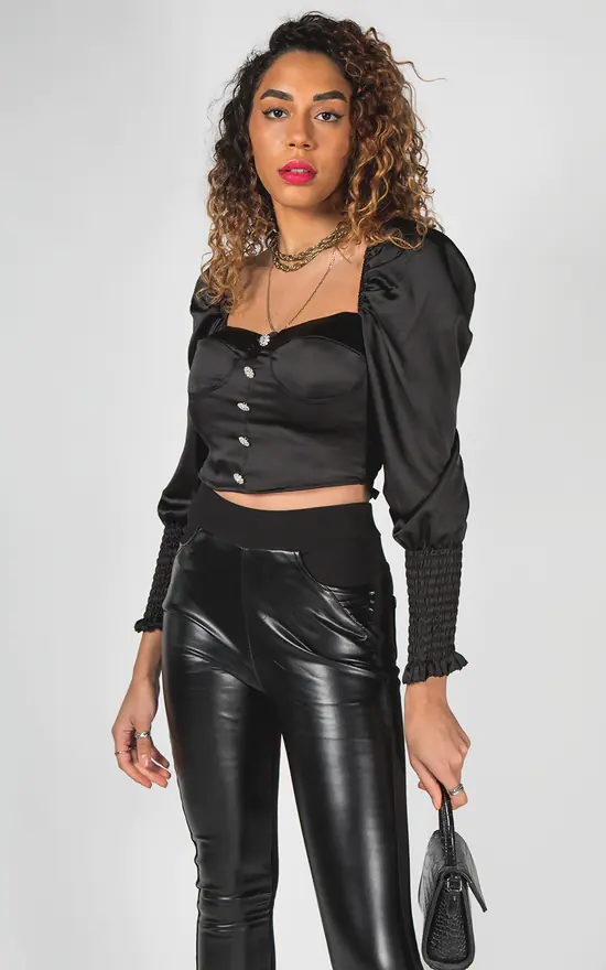 Coupon 🔔 JustYourOutfit Puff Sleeve Diamante Button Corset Crop Top 👏 - Image 3
