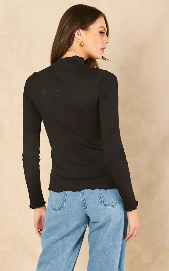 Cheapest ๐ฏ Noisy May Long Sleeve High Neck Lettuce Hem Top In Black ๐ - Image 4