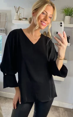 Top 10 👏 HOXTON GAL Oversized Long Sleeves V Neck Blouse With Detailed Cuffs In Black ✔️