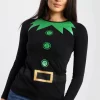 Buy 🤩 Oops Fashion 👩 Women's ❄ Christmas Elf Print Long Sleeve T 👚 Shirt In Black 🌟