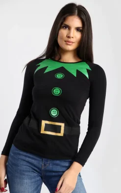 Buy 🤩 Oops Fashion 👩 Women's ❄ Christmas Elf Print Long Sleeve T 👚 Shirt In Black 🌟