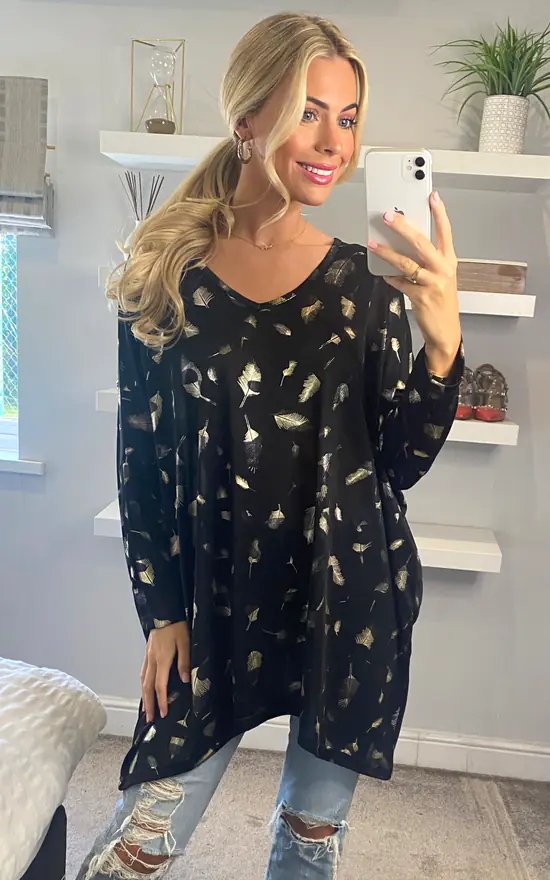 Cheapest ⭐ Malissa J Collection Oversized Slinky Jersey Feather Design Top In Black ❤️