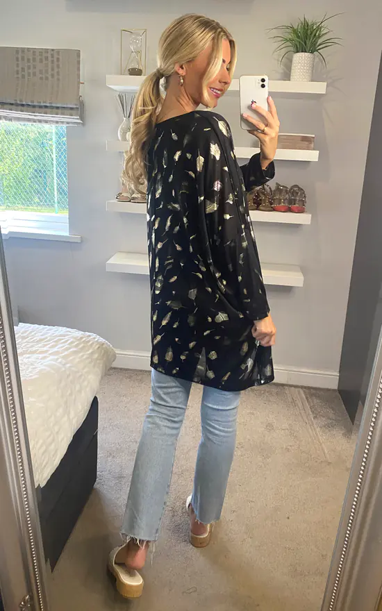 Cheapest ⭐ Malissa J Collection Oversized Slinky Jersey Feather Design Top In Black ❤️ - Image 4