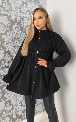 Cheap 👍 AX Paris Black Long Sleeve Gathered Detail Button Up Top 🤩