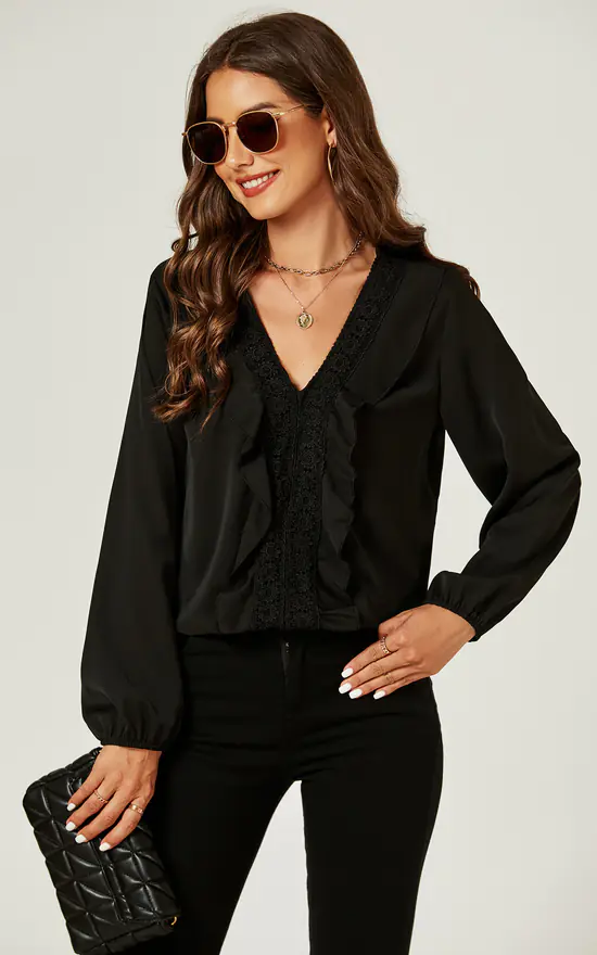 Brand new 🥰 FS Collection Lace Detail Long Sleeve Blouse Top In Black 💯