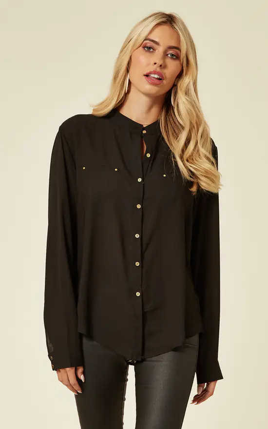 Cheap ๐ CY Boutique Long Sleeve Chiffon ๐ Shirt With Mandarin Collar In Black ๐