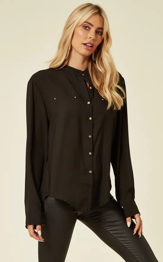 Cheap ๐ CY Boutique Long Sleeve Chiffon ๐ Shirt With Mandarin Collar In Black ๐ - Image 2