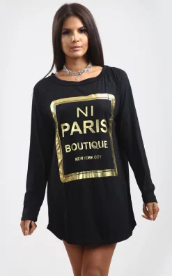 Deals 😉 Oops Fashion Sammi Black Long Sleeve Top With Gold Foil Paris Slogan ✔️