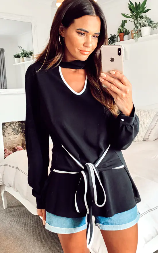 Budget 🛒 HOXTON GAL Collar Detail Tie Front Long Sleeve Oversized Top In Black ✔️