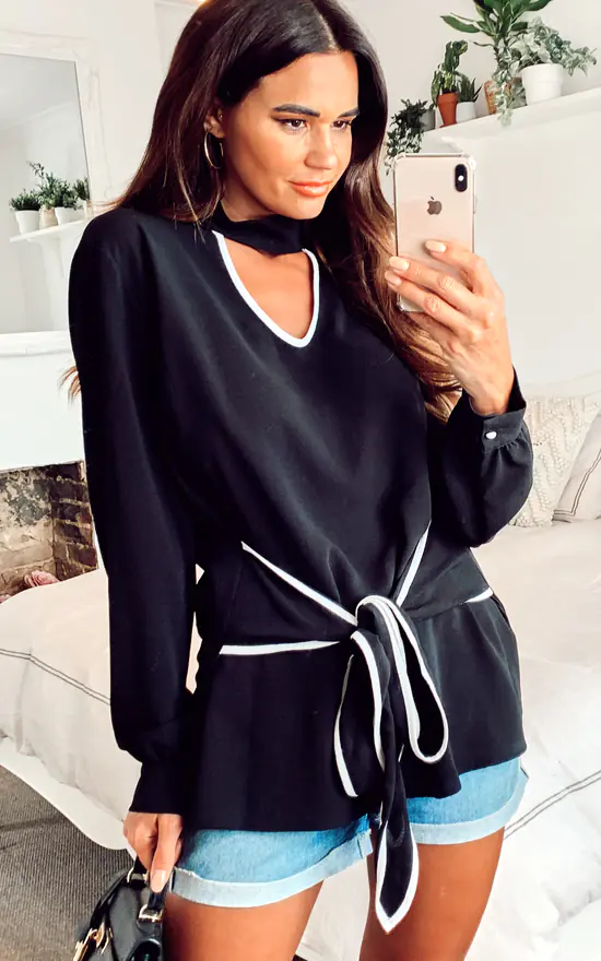 Budget 🛒 HOXTON GAL Collar Detail Tie Front Long Sleeve Oversized Top In Black ✔️ - Image 2