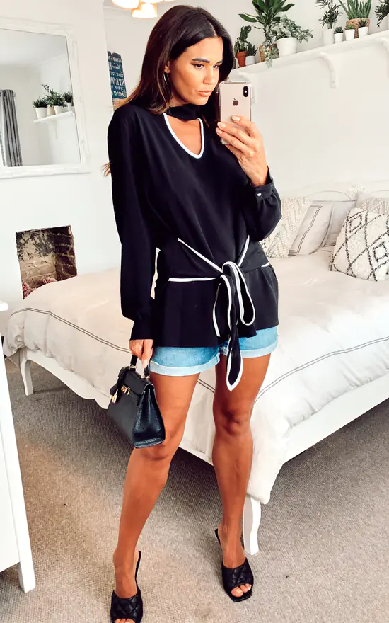 Budget 🛒 HOXTON GAL Collar Detail Tie Front Long Sleeve Oversized Top In Black ✔️ - Image 3