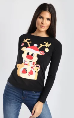 Flash Sale 🔔 Oops Fashion Holly 🔔 Christmas Reindeer T 👕 Shirt In Black ❤️