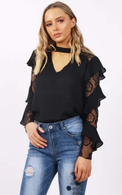 Best deal 👍 LOES House Black Choker Blouse With Ruffle Lace Sleeves 🔔