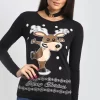 Wholesale 👏 Oops Fashion Eva 🔔 Christmas Dancing Reindeer Print Long Sleeve T 👕 Shirt In Black 🎁