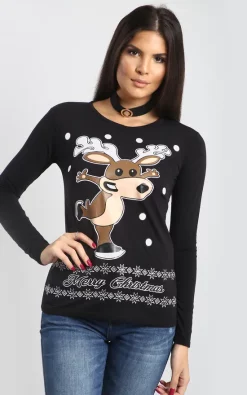 Wholesale 👏 Oops Fashion Eva 🔔 Christmas Dancing Reindeer Print Long Sleeve T 👕 Shirt In Black 🎁
