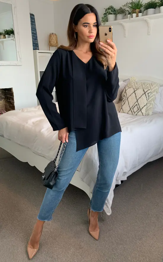 New โญ HOXTON GAL V Neck Oversized Long Sleeve Crepe Blouse In Black ๐ - Image 2