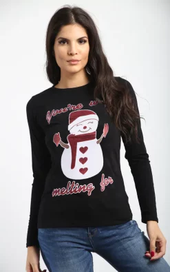 Top 10 ✔️ Oops Fashion Black 🎅 Christmas T 👚 Shirt In Snowman Print 🤩