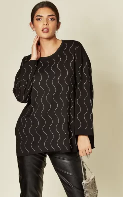 Best Pirce 🔔 Malissa J Collection Black Long Sleeve Oversized Top With Swirly Bling Design 😀