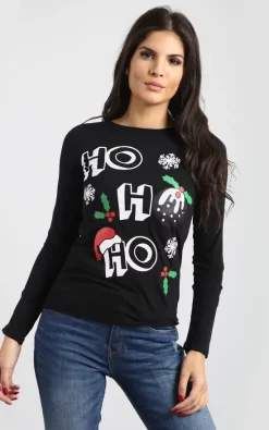 Promo 💯 Oops Fashion 🎅 Christmas Long Sleeve T 👕 Shirt In Black Hohoho Slogan Print 🔔