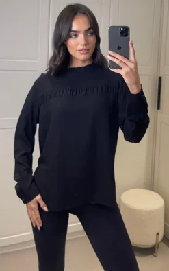 Best reviews of 👍 HOXTON GAL Relaxed Fit Long Sleeves Ruffle Detailed Top In Black 🥰