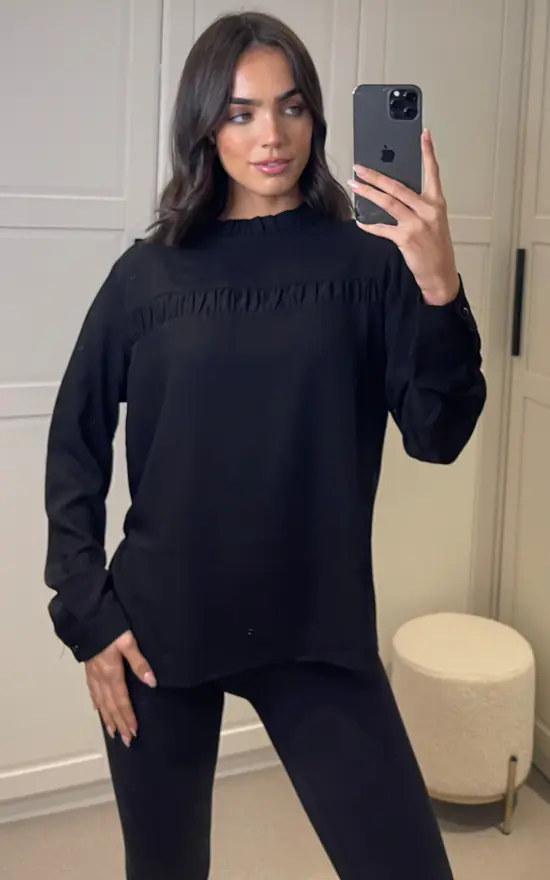 Best reviews of ๐ HOXTON GAL Relaxed Fit Long Sleeves Ruffle Detailed Top In Black ๐ฅฐ