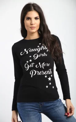 Promo ⭐ Oops Fashion ❄ Christmas Naughty 👧 Girls Get Presents Long Sleeve T 👚 Shirt In Black 🌟