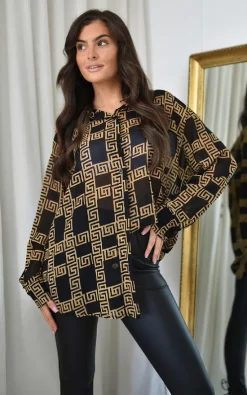 Deals 🎁 IKRUSH Kiara Button Down Printed Casual Long Sleeve Tops In Black ⌛