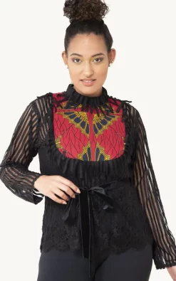 Best Pirce 🎉 Okwuís Frocentric 'Dasanna' Velvet Trimmed High Neck Lace Top In Black 🥰