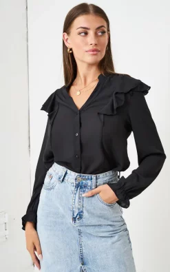 Hot Sale 👍 Love Frontrow Raelyn Long Sleeve Ruffle Blouse In Black Chiffon ✨