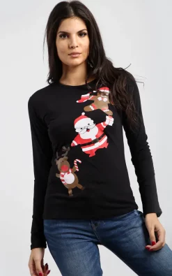 Top 10 😍 Oops Fashion Eva Black Reindeer Gingerbread Print Top 😍