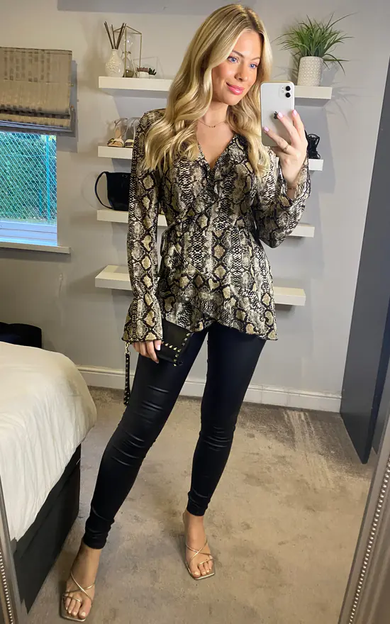 Cheap โจ Izabel London Multi Brown Snake Print Long Sleeve Blouse ๐