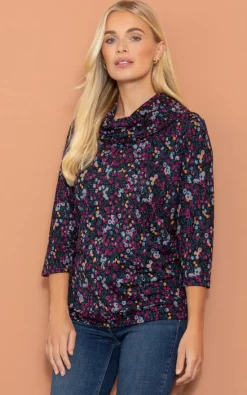 Best reviews of 😉 Klass Floral Print Cowl Neck Knit Top Black/Pink 👏