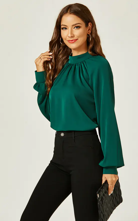 Coupon ๐ฅฐ FS Collection High Neck Back Cut Detail Blouse Top In Dark Green ๐