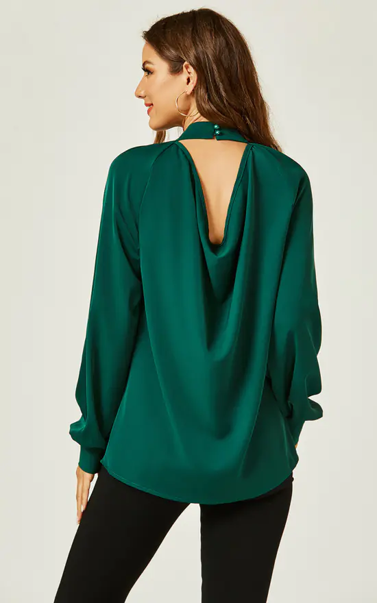 Coupon ๐ฅฐ FS Collection High Neck Back Cut Detail Blouse Top In Dark Green ๐ - Image 2