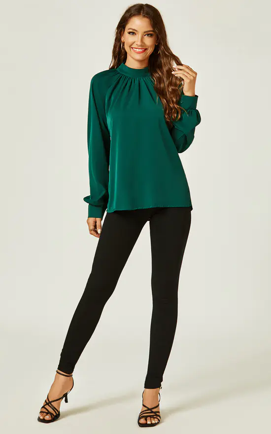 Coupon ๐ฅฐ FS Collection High Neck Back Cut Detail Blouse Top In Dark Green ๐ - Image 3