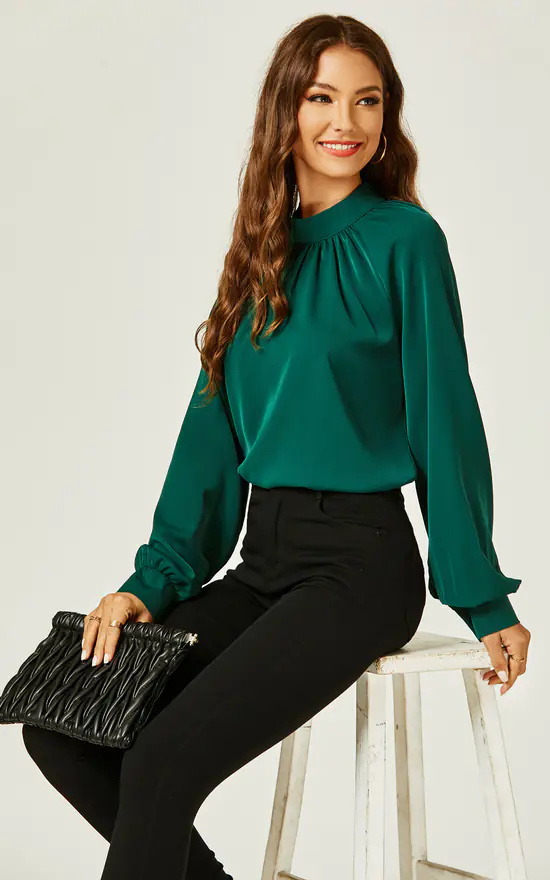 Coupon ๐ฅฐ FS Collection High Neck Back Cut Detail Blouse Top In Dark Green ๐ - Image 4