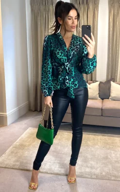 Best Pirce 😍 Jenerique Wrap Over Long Sleeve Top/Blouse In Green Leopard Print 🔔