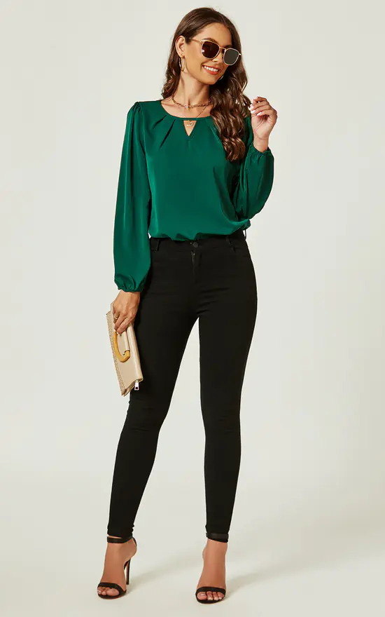 Buy ๐ FS Collection Long Sleeve Detailed Neckline Blouse Top In Green ๐ - Image 2