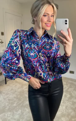 Wholesale 👏 ANGELEYE Long Sleeve Buttoned Satin 👚 Shirt In Chic Boho Print 🎉