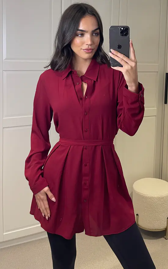 Buy โ HOXTON GAL Oversized Long Slevees Pleated ๐ Shirt Top With Matching Belt In Burgundy ๐ - Image 2