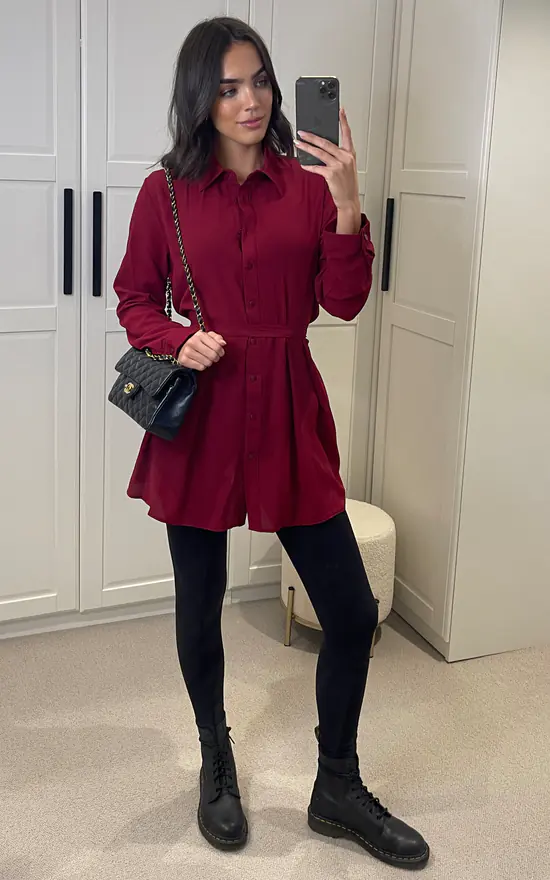 Buy โ HOXTON GAL Oversized Long Slevees Pleated ๐ Shirt Top With Matching Belt In Burgundy ๐ - Image 3