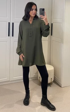 New 🎁 HOXTON GAL Relaxed Fit Long Sleeves Button Detailed Tunic Top In Khaki 🥰