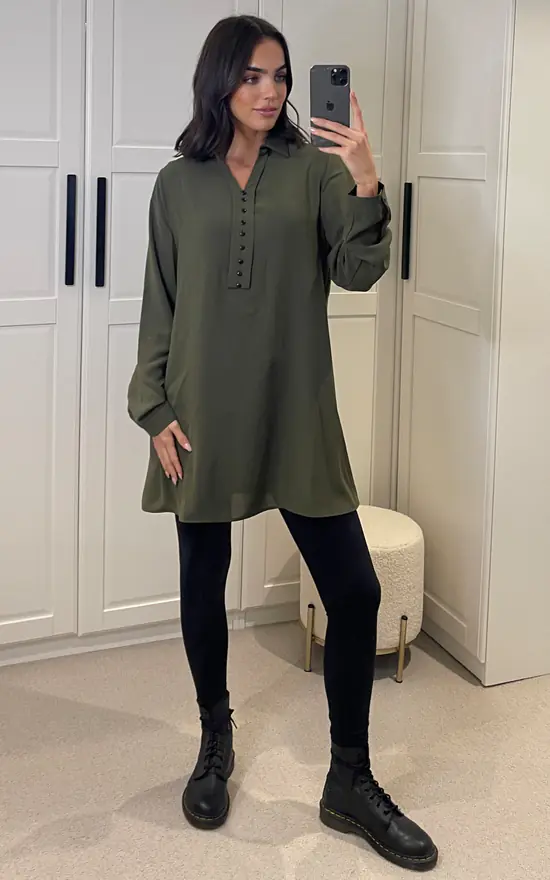 New ๐ HOXTON GAL Relaxed Fit Long Sleeves Button Detailed Tunic Top In Khaki ๐ฅฐ