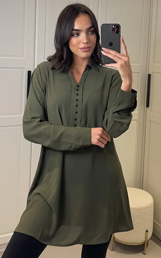 New ๐ HOXTON GAL Relaxed Fit Long Sleeves Button Detailed Tunic Top In Khaki ๐ฅฐ - Image 2